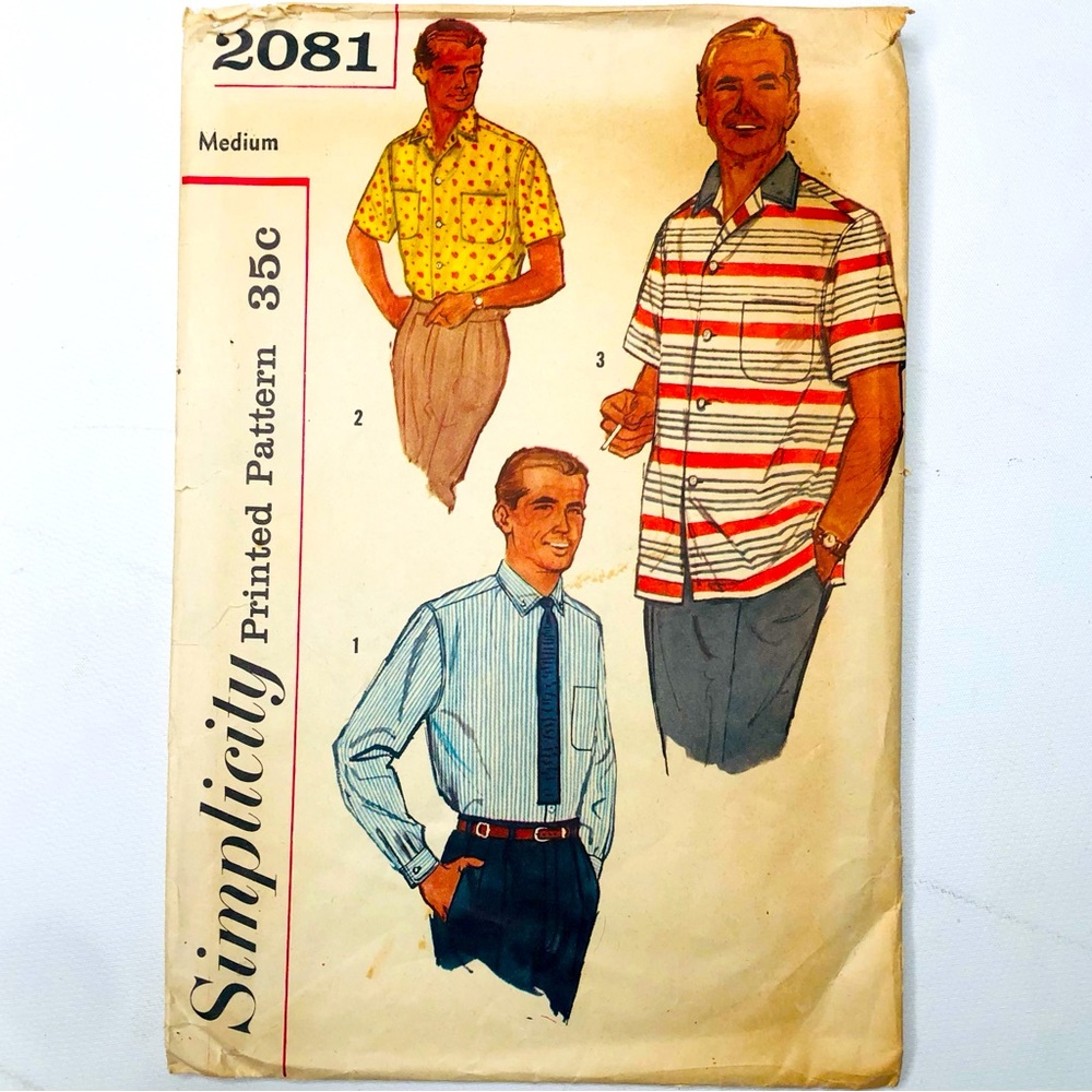 VTG 50s/60s Mens Shirt Set Simplicity Printed Sewing Patterns 2081, 3 Styles